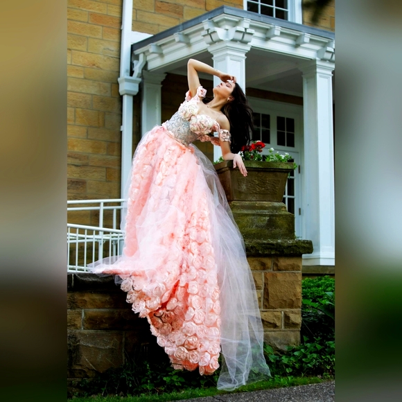 "LADY JAYNA" Custom Order Blush Ivory & Mint 3D Tulle Rosette Wedding Go… - Picture 3 of 7